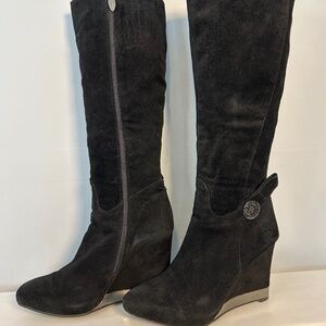 Black Suede Tall wedge boots | Maria Moro Vogue | Size 40 | Silver accents